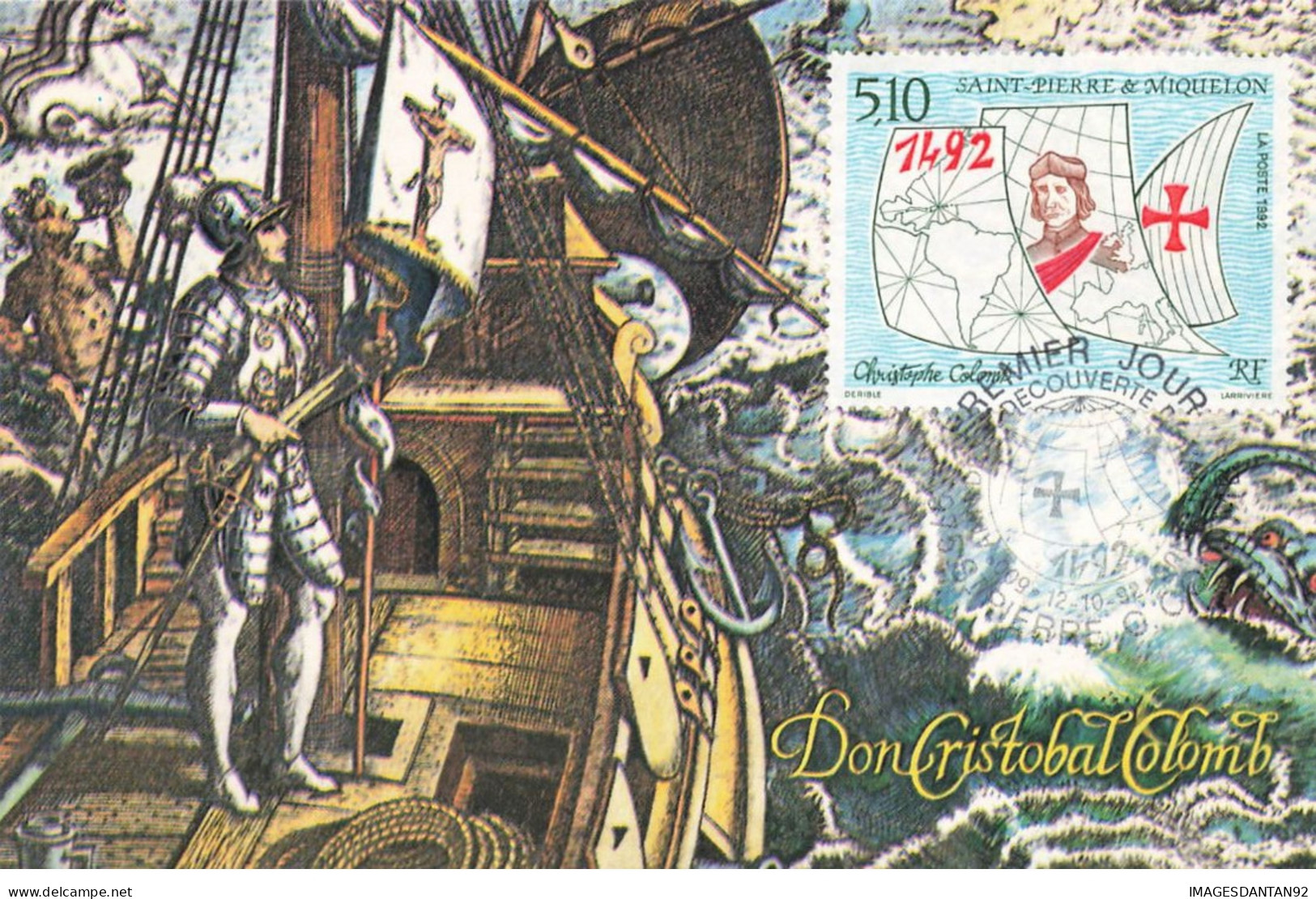 CARTE MAXIMUM #23638 SAINT PIERRE ET MIQUELON 1992 CHRISTOPHE COLOMB DECOUVERTE DE L AMERIQUE - Cartes-maximum