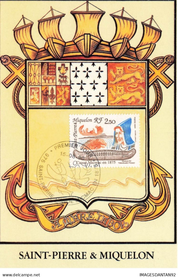 CARTE MAXIMUM #23629 SAINT PIERRE ET MIQUELON 1990 CANOE MICMAC ARMOIRIE BLASON - Maximum Cards