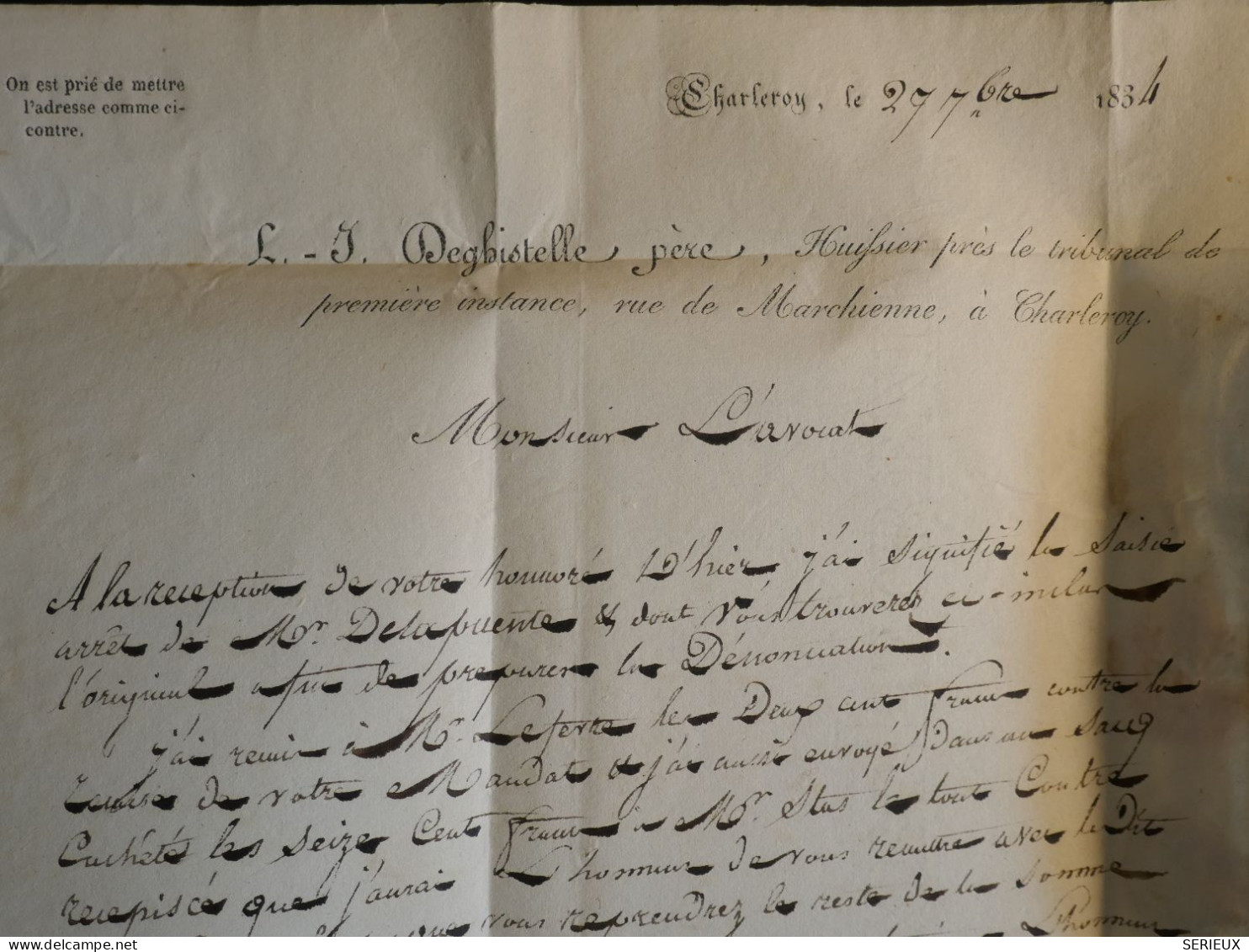 DN19 BELGIQUE   LETTRE PRESSEE  RR 1834  CHARLEROY A FONTAINE L EVEQUE  FRANCE +C. CIRE + AFF. INTERESSANT +++ - 1830-1849 (Onafhankelijk België)