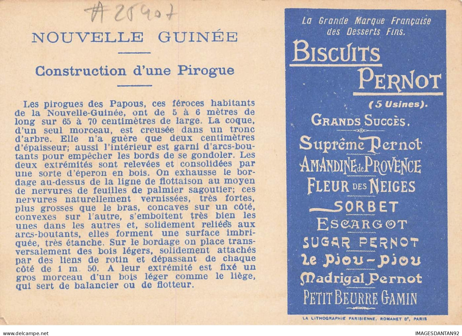 CHROMO PERNOT #25407 BISCUITS NOUVELLE GUINEE CONSTRUCTION DE PIROGUE - Pernot