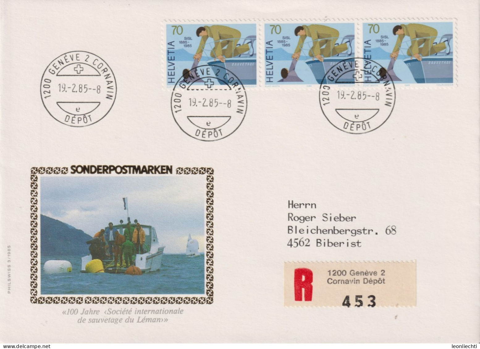 1985 Schweiz Nachnahme Brief, ET, Zum:CH 713, Mi:CH 1292, 100 Jahre "Société Internationale De Sauvetage Du Léman" - Brieven En Documenten