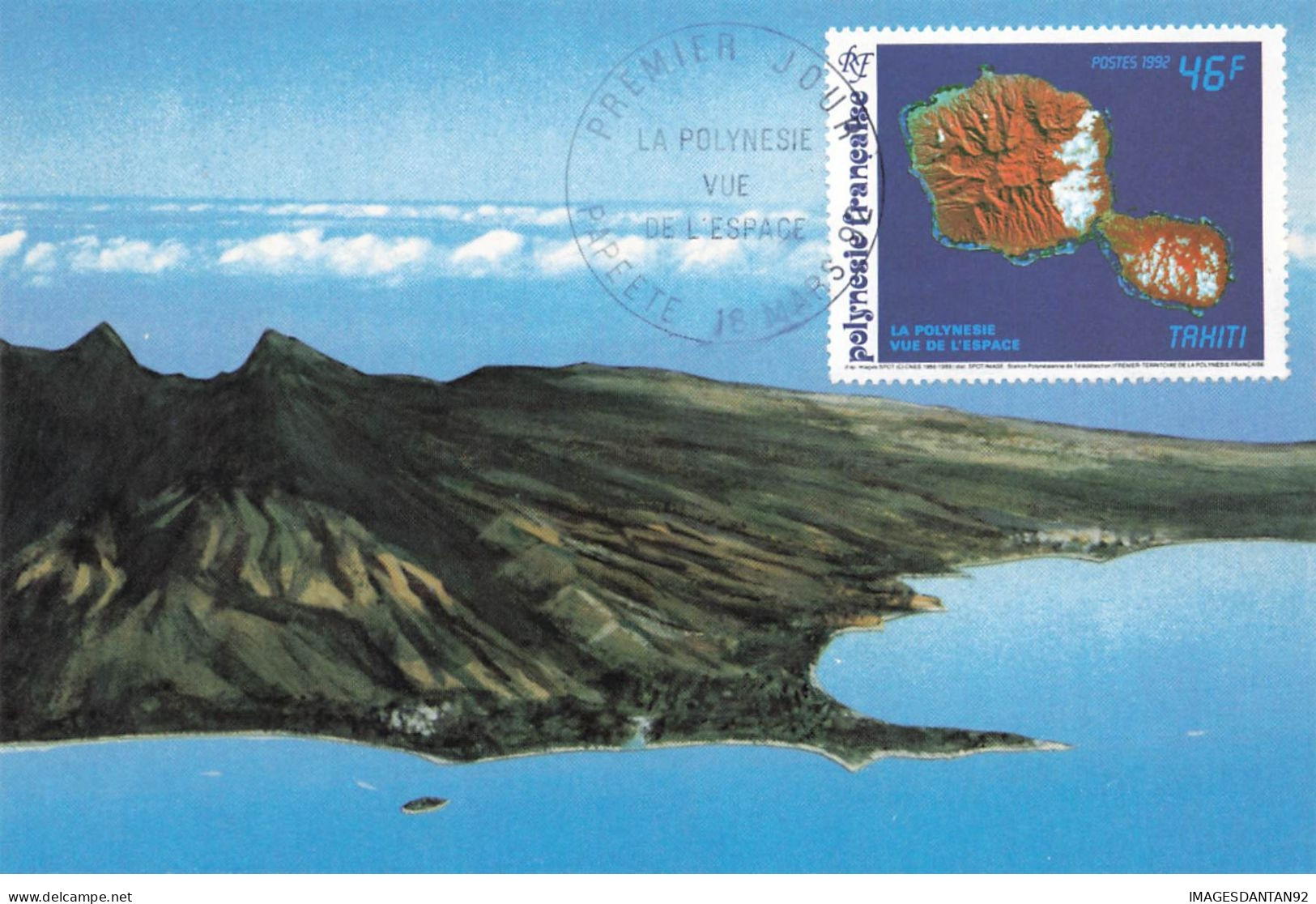 CARTE MAXIMUM #23500 POLYNESIE FRANCAISE PAPEETE 1992 VUE DE L ESPACE TAHITI - Cartes-maximum