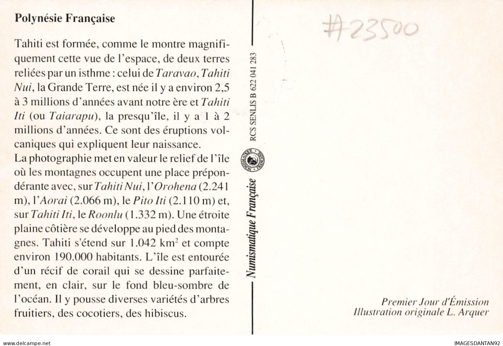 CARTE MAXIMUM #23500 POLYNESIE FRANCAISE PAPEETE 1992 VUE DE L ESPACE TAHITI - Cartes-maximum