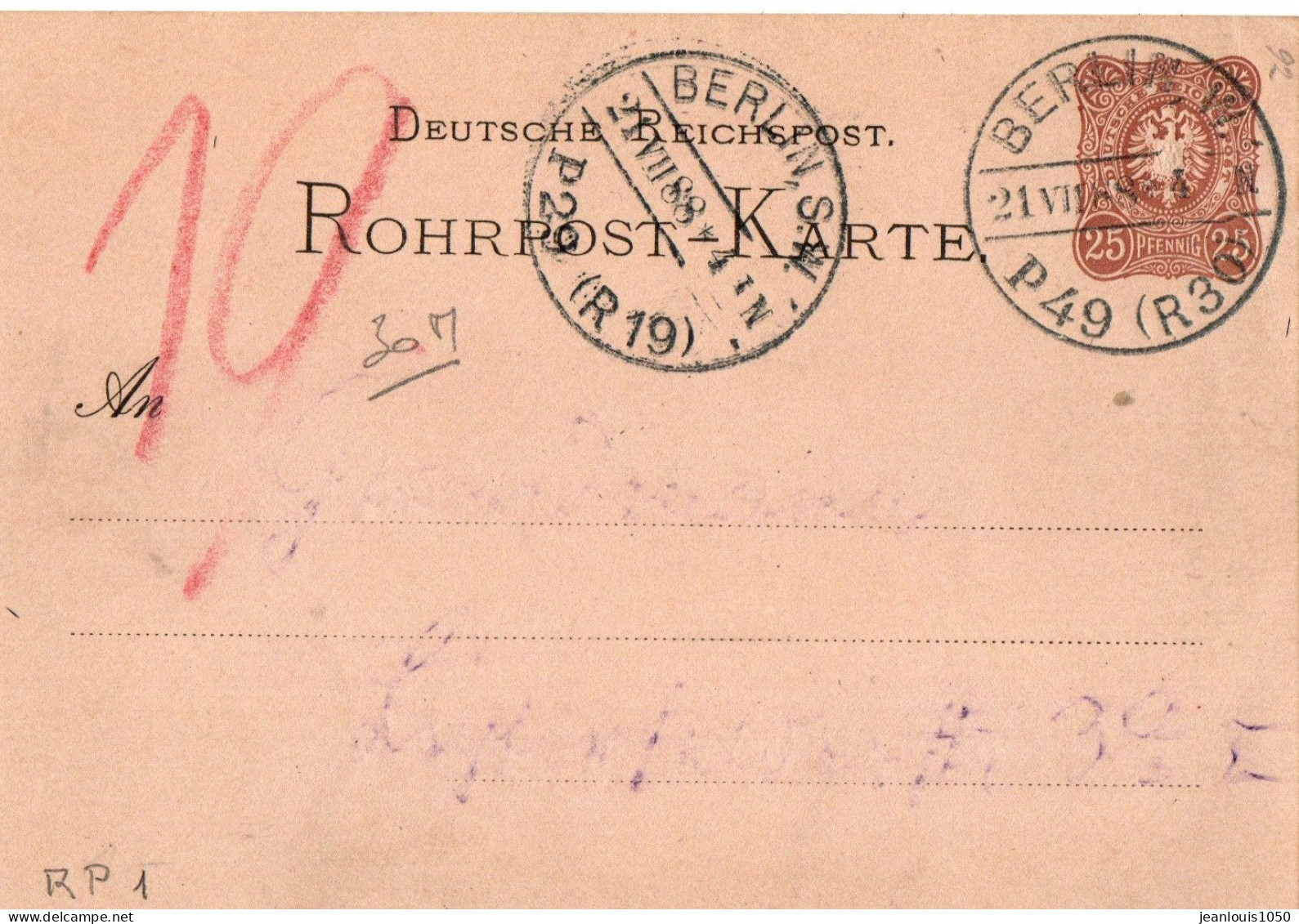 ALLEMAGNE REICH ENTIER CARTE PNEUMATIQUE OBLITERE BERLIN 1888 - Cartoline
