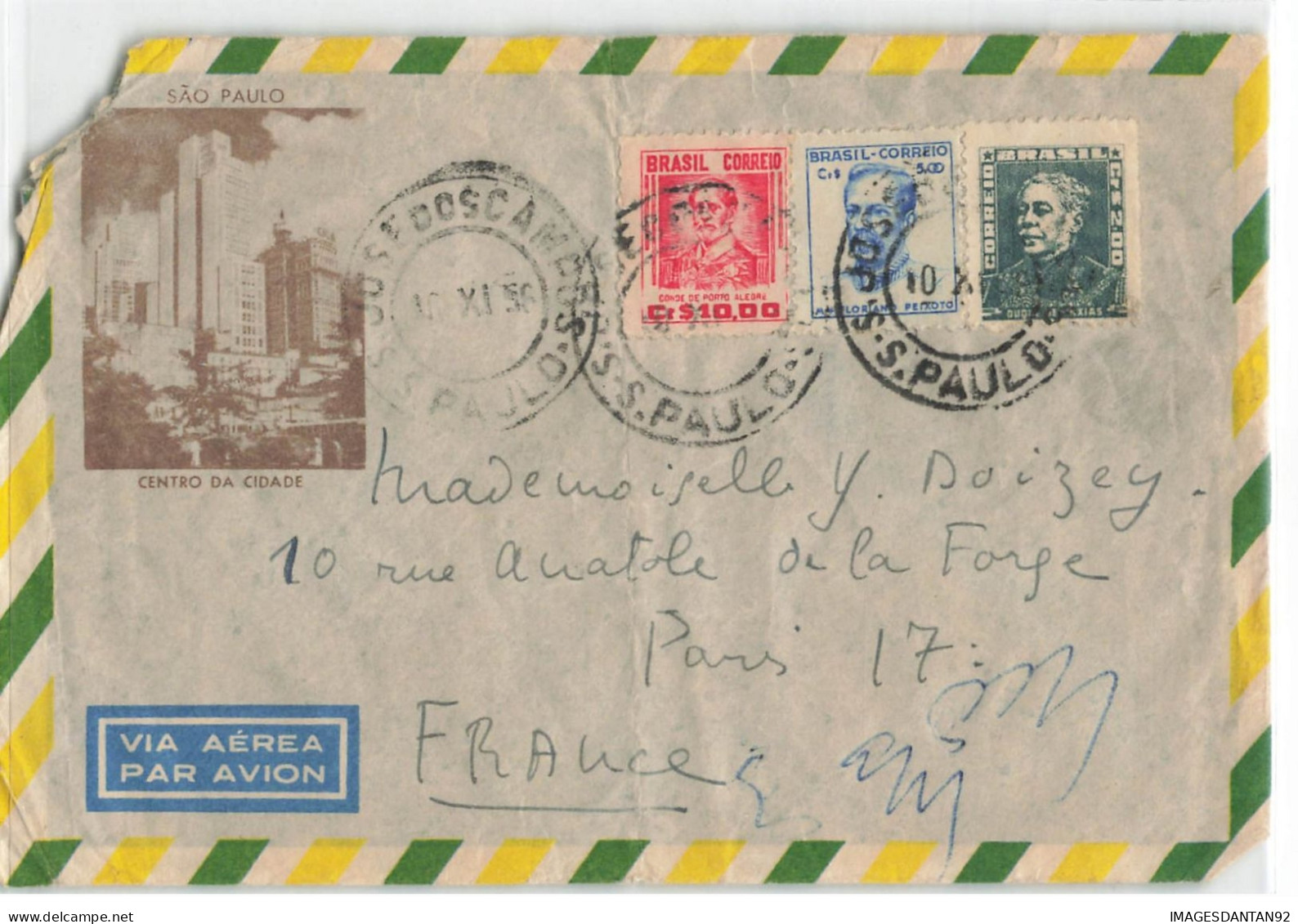LETTRE BRESIL FRANCE PARIS POSTE AERIENNE SAO PAULO 1956 - First Flight Covers