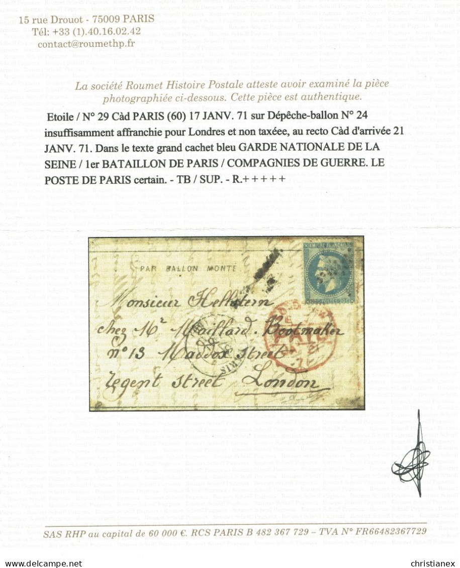 LE POSTE DE PARIS Certain -  BALLON MONTE YT N°29/Et. Le 17-1-71 Sur DEPECHE BALLON N° 24 Pour LONDRES - Garde Nationale - Guerre De 1870