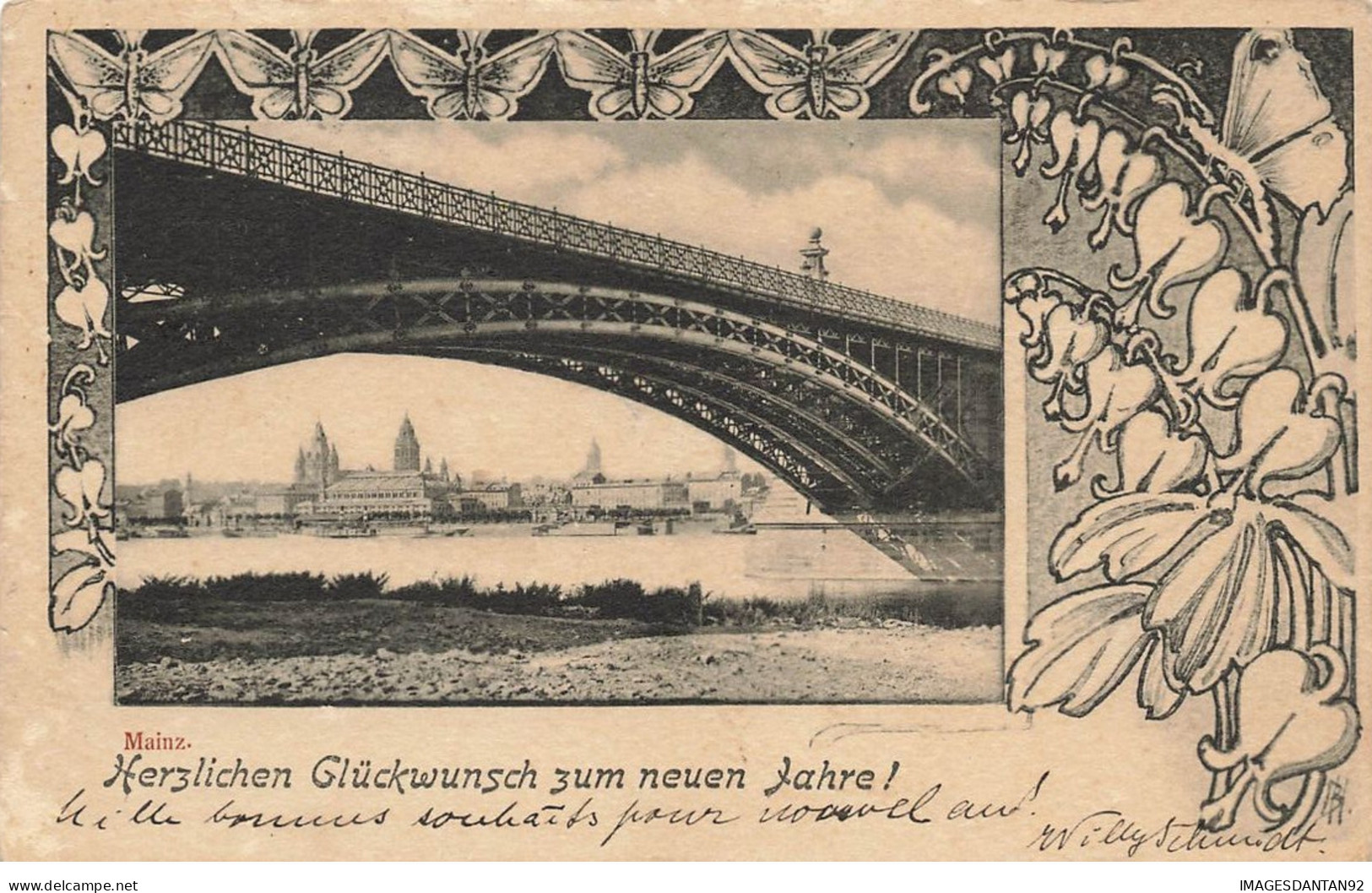 ALLEMAGNE GERMANY #28407 MAINZ HERZLICHEN GLUCKWUNSCH ZUM NEUEN JAHRE BRIDGE PONT DECOR ART NOUVEAU - Mainz