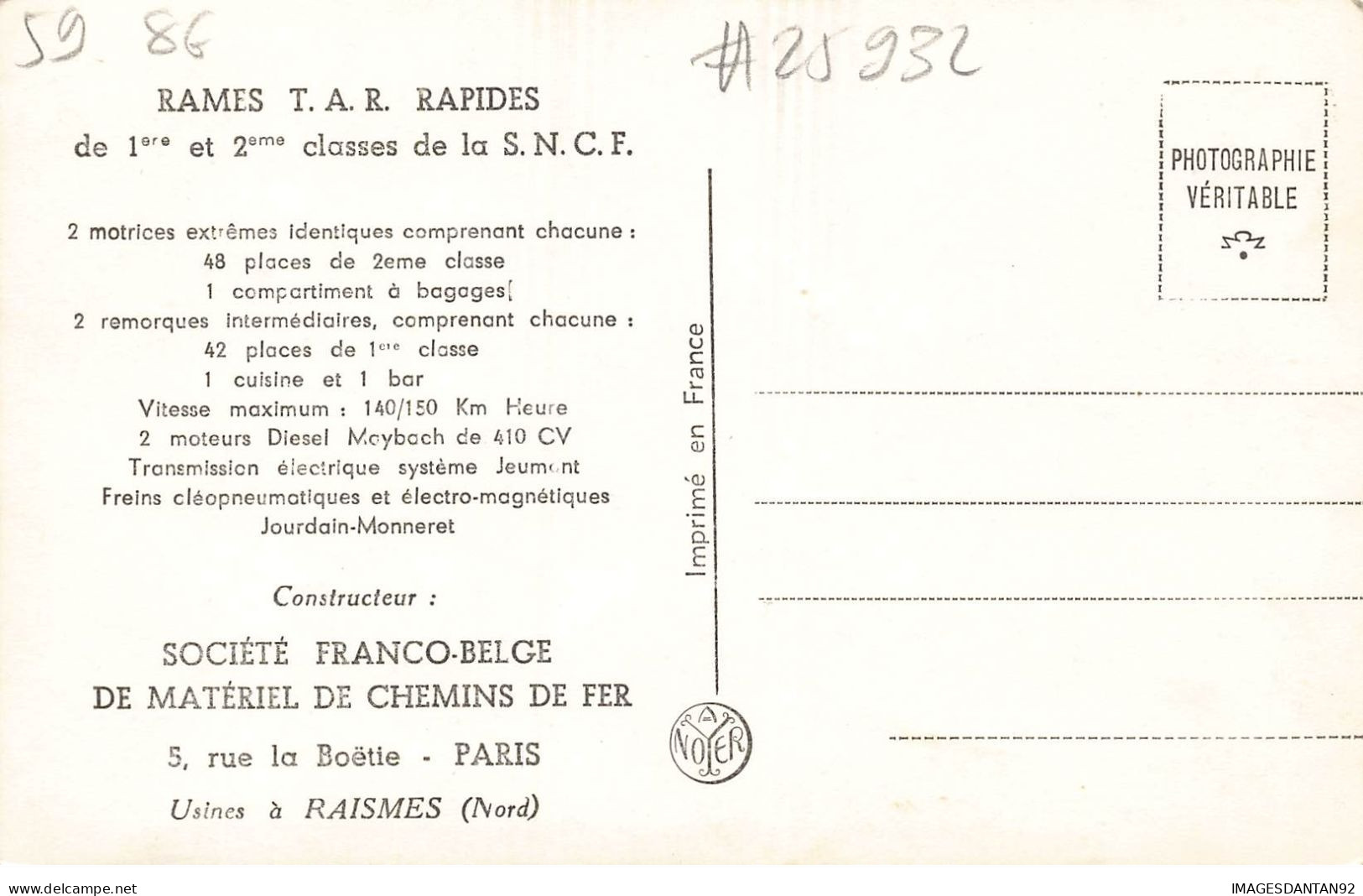 59 RAISMES #25932 RAMES T.A.R. RAPIDES S.N.C.F. TRAIN - Raismes