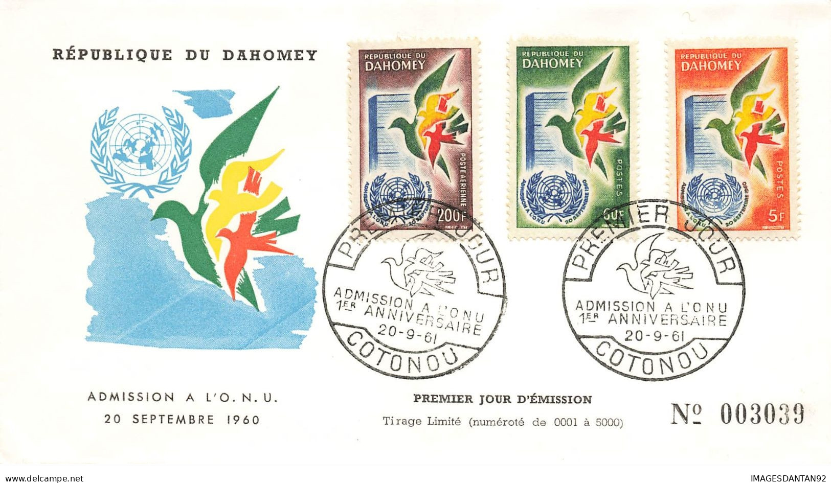 BENIN DAHOMEY #23699 COTONOU 1961 PREMIER JOUR ADMISSION A L ONU PA POSTE AERIENNE - Benin – Dahomey (1960-...)