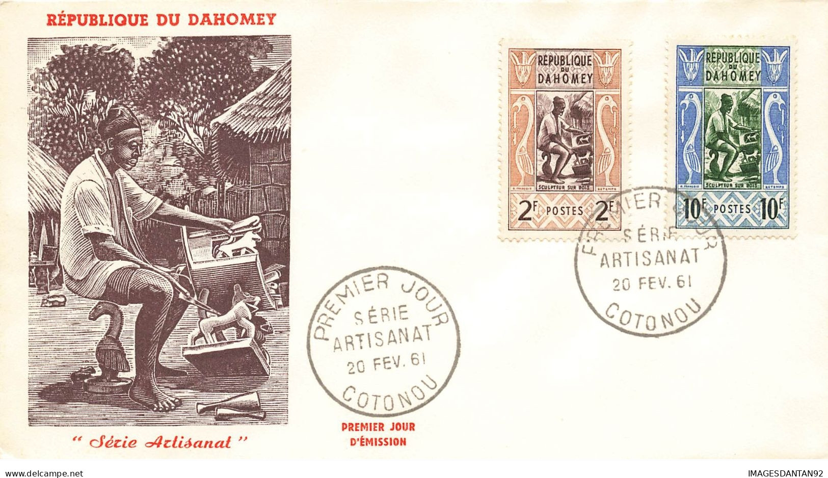 BENIN DAHOMEY #23701 COTONOU 1961 PREMIER JOUR SERIE ARTISANAT METIER SCULPTEUR SUR BOIS - Benin - Dahomey (1960-...)