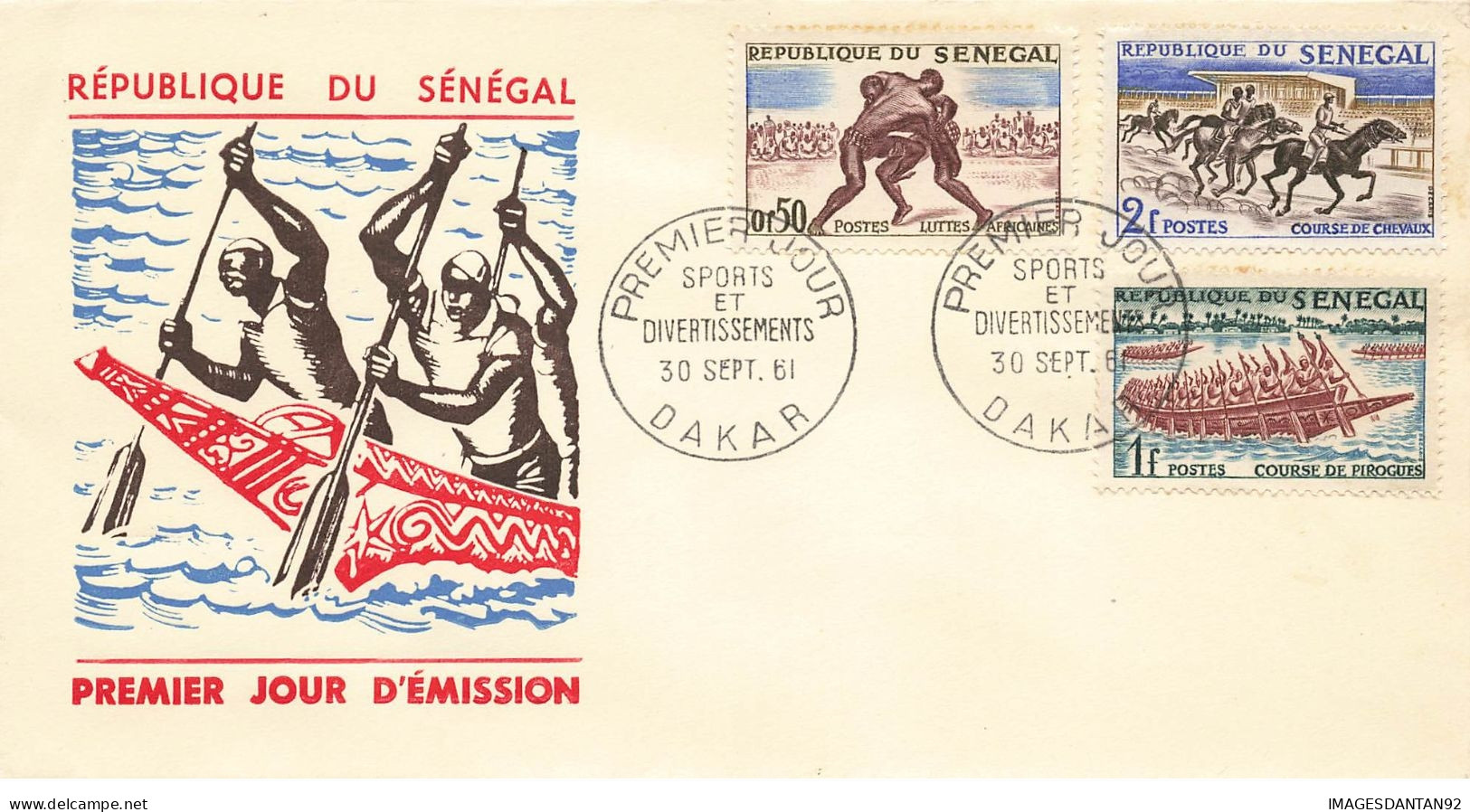 SENEGAL #23682 DAKAR 1961 PREMIER JOUR SPORTS ET DIVERTISSEMENTS LUTTE COURSE CHEVEAUX PIROGUES - Senegal (1960-...)