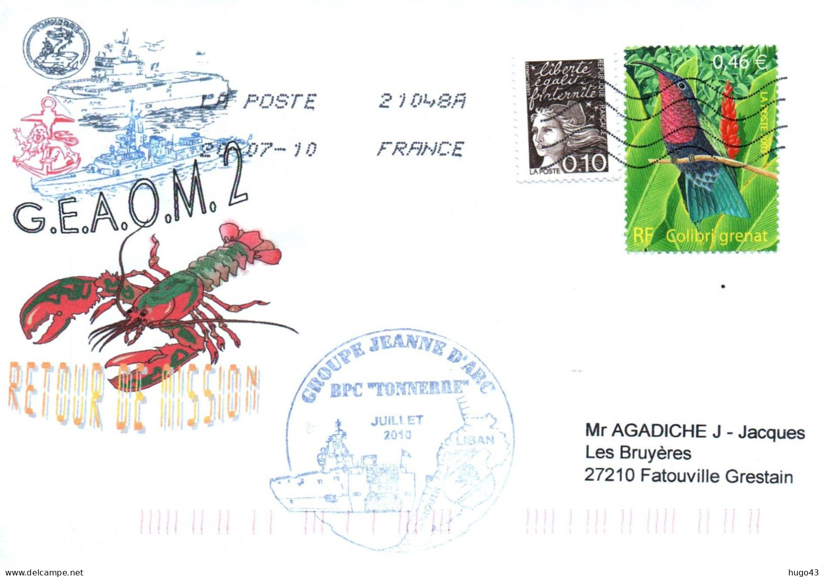 ENVELOPPE AVEC CACHET B.P.C. TONNERRE  - GROUPE JEANNE D' ARC JUILLET 2010 - G.E.A.O.M. LIBAN - Naval Post