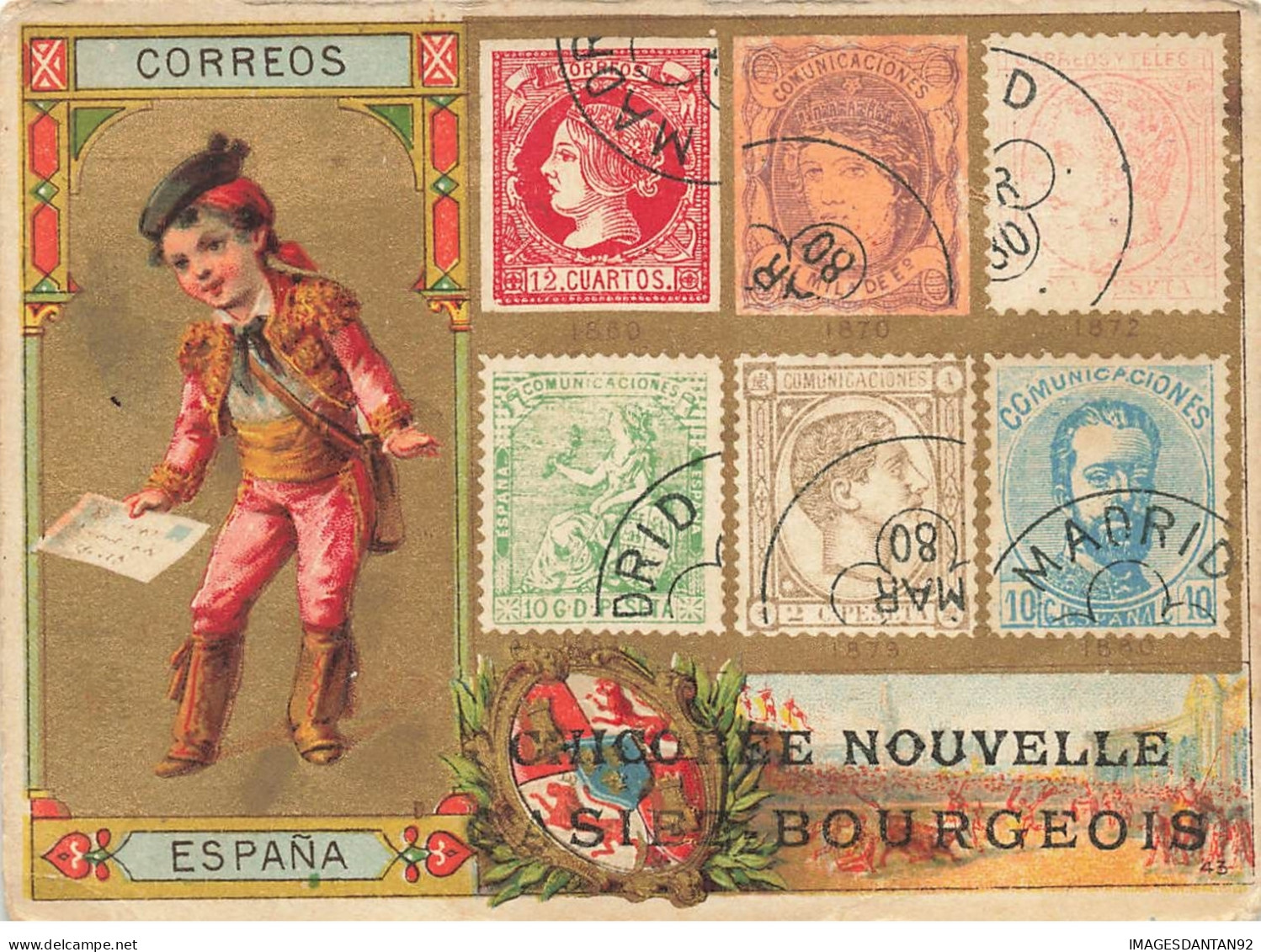 CHROMO CHICOREE CASIEZ BOURGEOIS #25633 CAMBRAI POSTE CORREOS ESPANA ESPAGNE TIMBRES STAMPS FACTEUR 1860 - Tea & Coffee Manufacturers