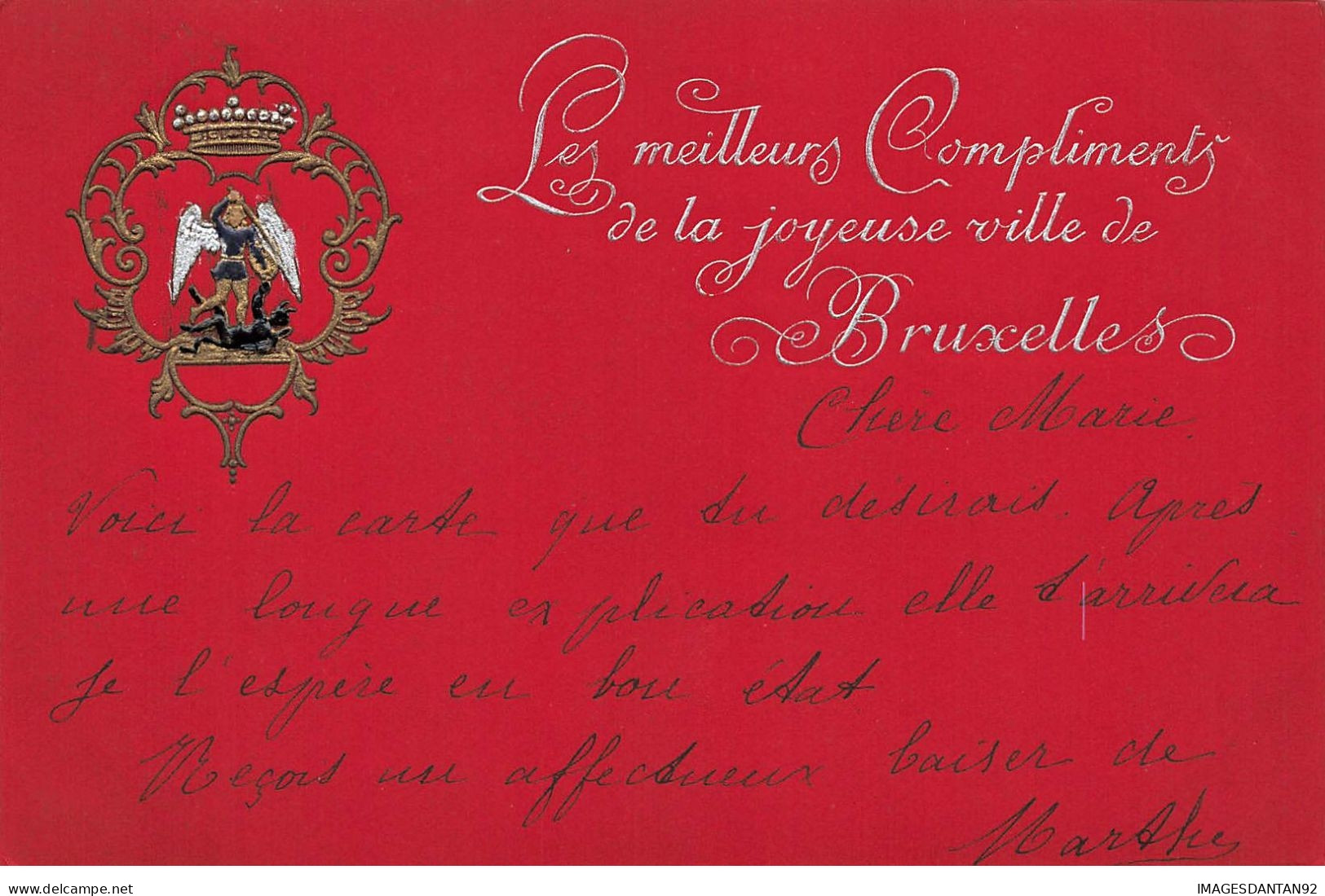 BELGIQUE #26204 BRUXELLES BRUSSELS MEILLEURS COMPLIMENTS DE LA VILLE ... ARMOIRIE BLASON DORURE GAUFREE - Otros & Sin Clasificación