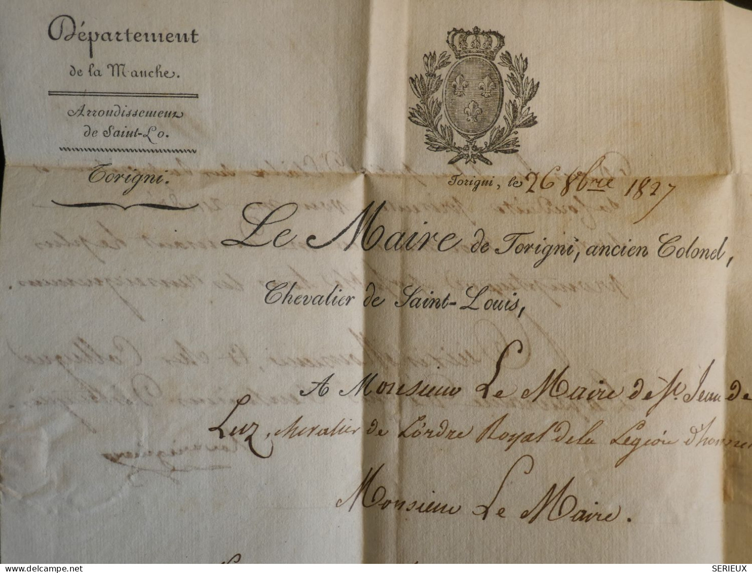 DN19 FRANCE  LETTRE RARE 1827  TORIGNY A ST JEAN DE LUZ  +MAIRES + AFF. INTERESSANT +++ - 1801-1848: Précurseurs XIX