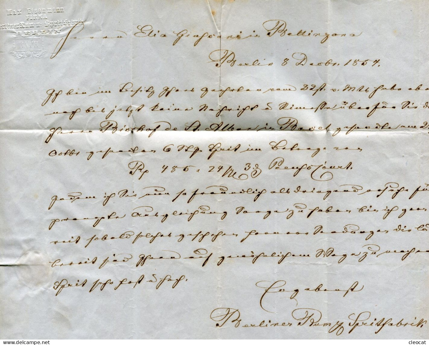 Vorphila - Faltbrief Von Berlin Stadtpostexp:1 - 1854 Nach Bellinzona - Briefe U. Dokumente