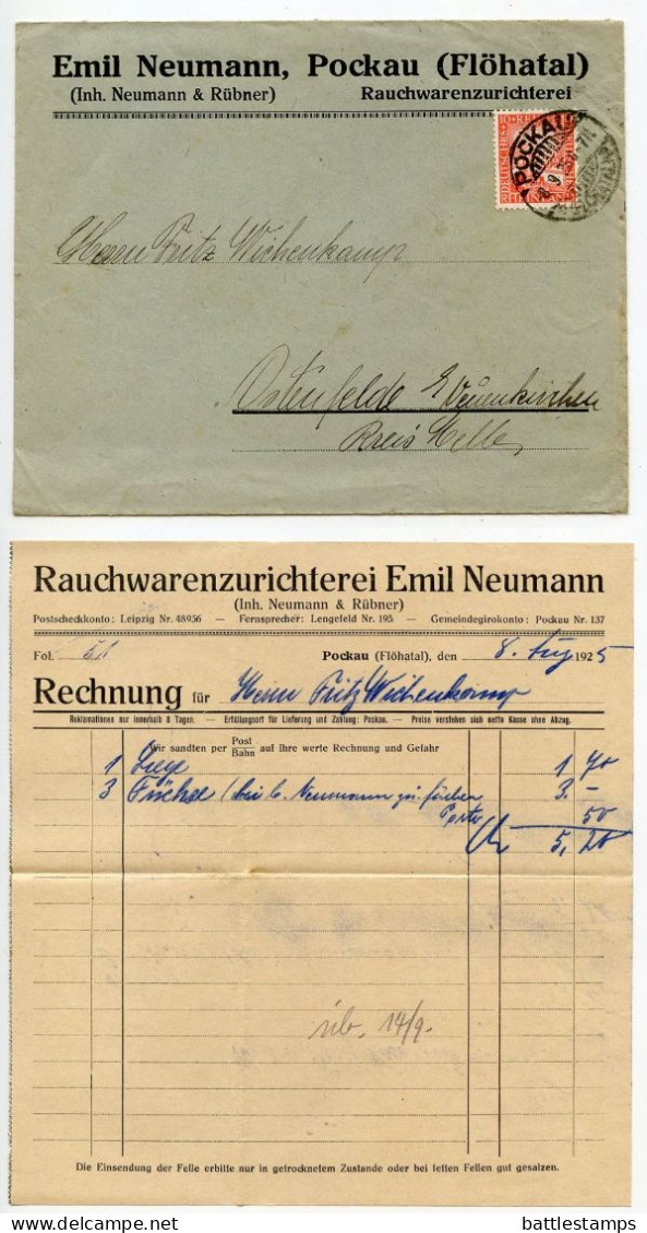 Germany 1925 Cover & Invoices; Pockau (Flöhatal), Emil Neumann, Rauchwarenzurichterei; 10pf. German Eagle & Rhineland - Covers & Documents