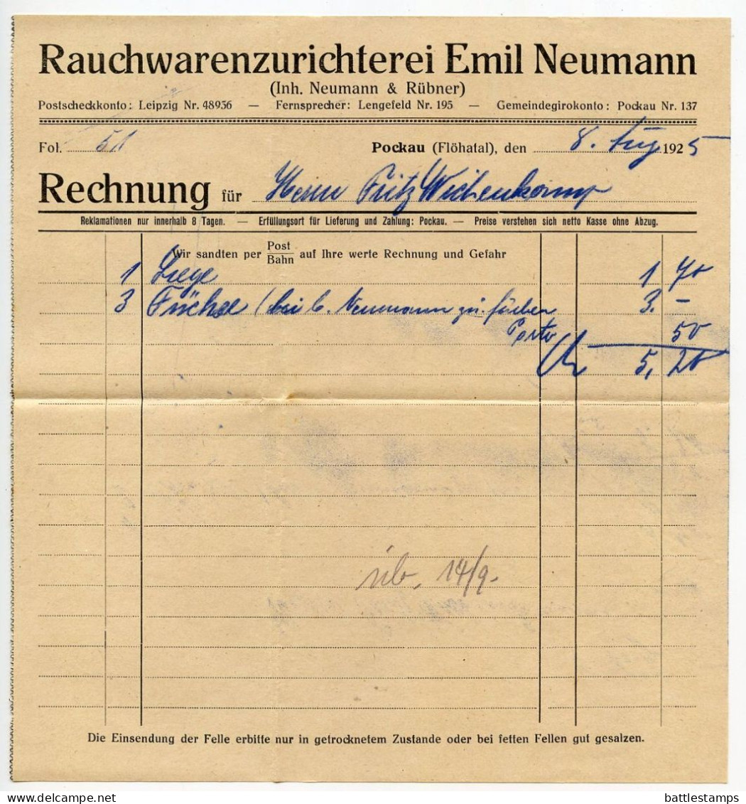 Germany 1925 Cover & Invoices; Pockau (Flöhatal), Emil Neumann, Rauchwarenzurichterei; 10pf. German Eagle & Rhineland - Briefe U. Dokumente