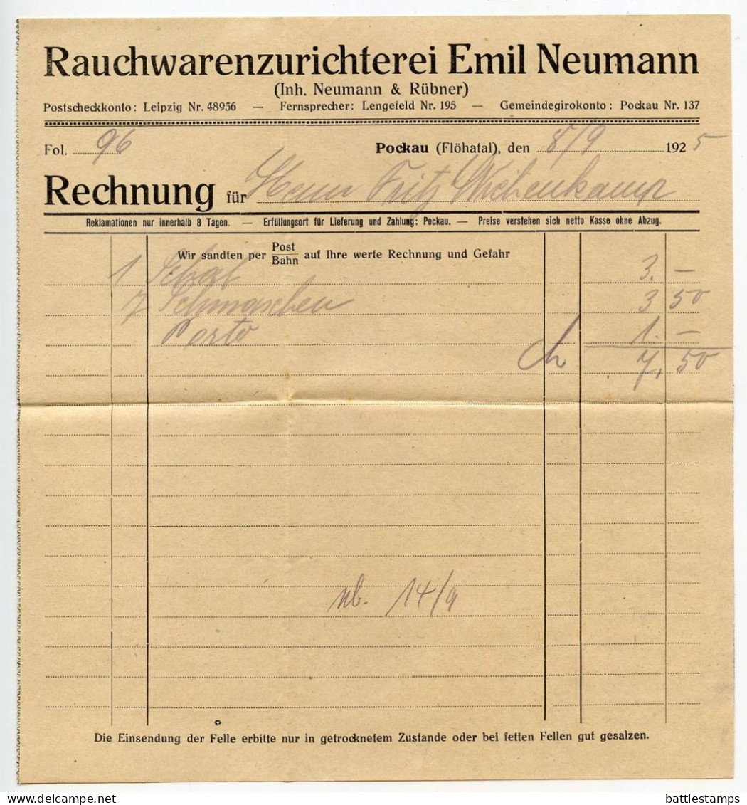 Germany 1925 Cover & Invoices; Pockau (Flöhatal), Emil Neumann, Rauchwarenzurichterei; 10pf. German Eagle & Rhineland - Covers & Documents