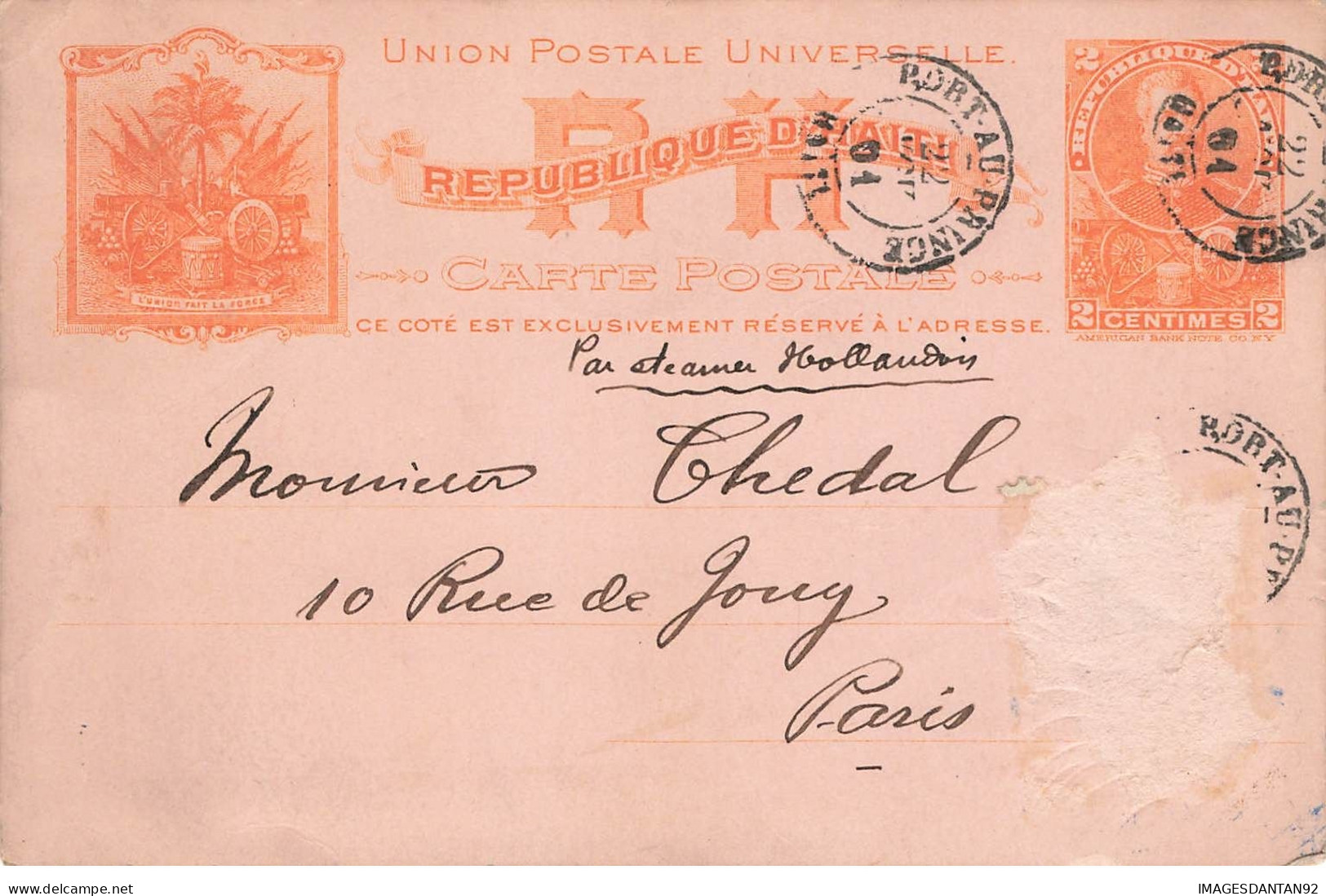 HAITI #28501 ENTIER POSTAL PHARMACIE SEJOURNE PORT AU PRINCE POUR PARIS FRANCE PAR NEW YORK 1901 - Haiti