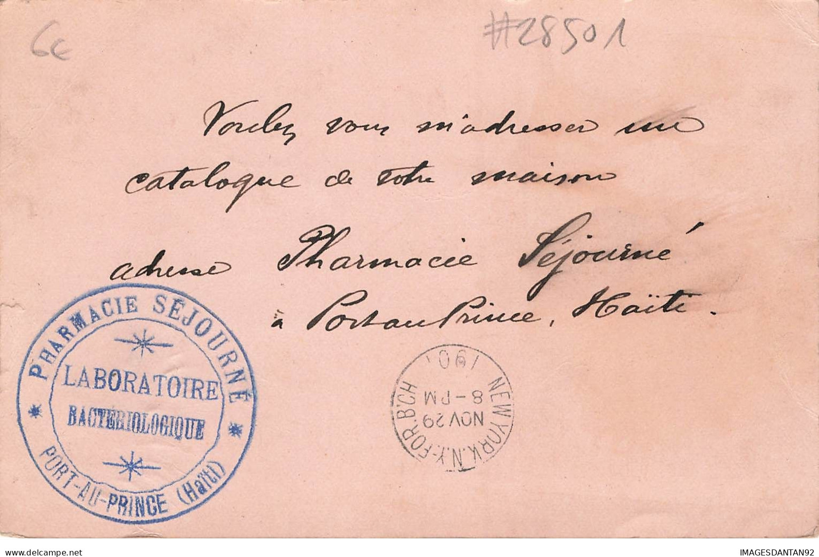 HAITI #28501 ENTIER POSTAL PHARMACIE SEJOURNE PORT AU PRINCE POUR PARIS FRANCE PAR NEW YORK 1901 - Haiti