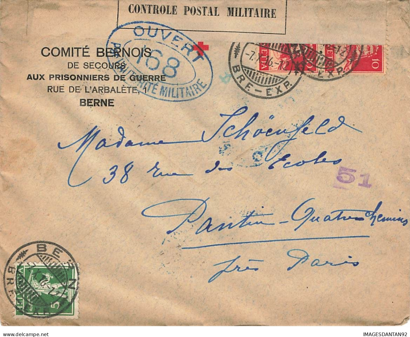 SUISSE BERNE BERN COMITE BERNOIS PRISONNIERS GUERRE CROIX ROUGE CONTROLE MILITAIRE POUR PANTIN 1916 - WW I