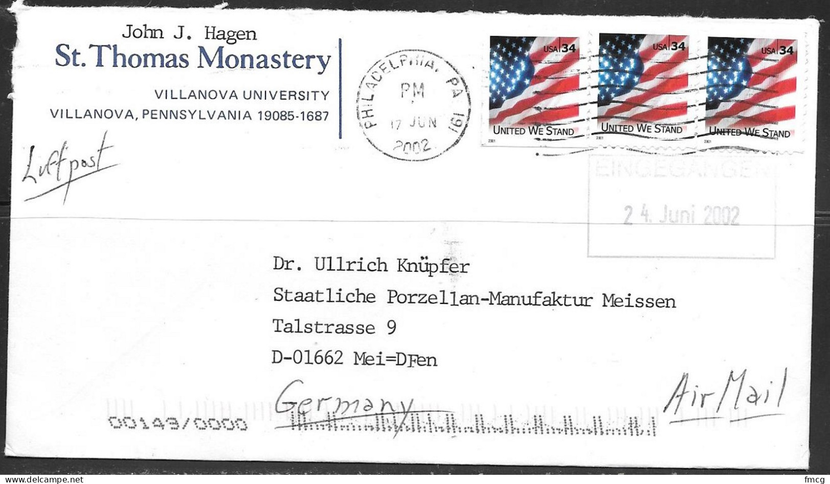 2002 Three 34 Cents United We Stand To Germany. Villanova University - Lettres & Documents