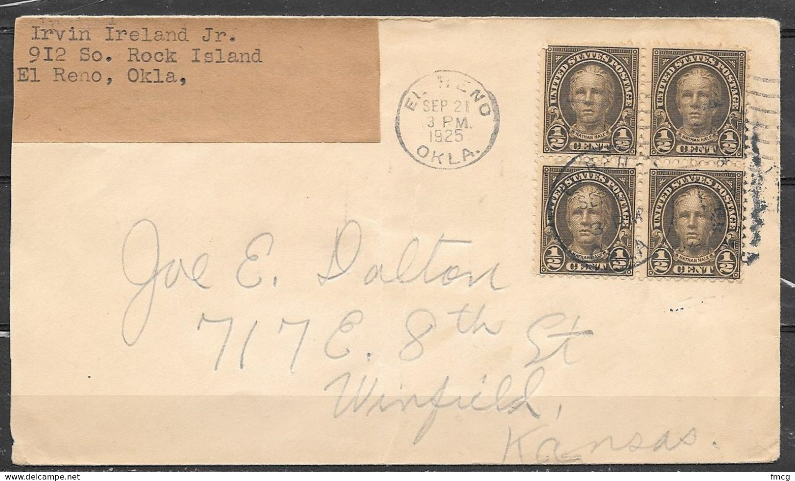1925 El Reno Okla. (Sep 21) Block Of 4 Hale Stamps - Lettres & Documents