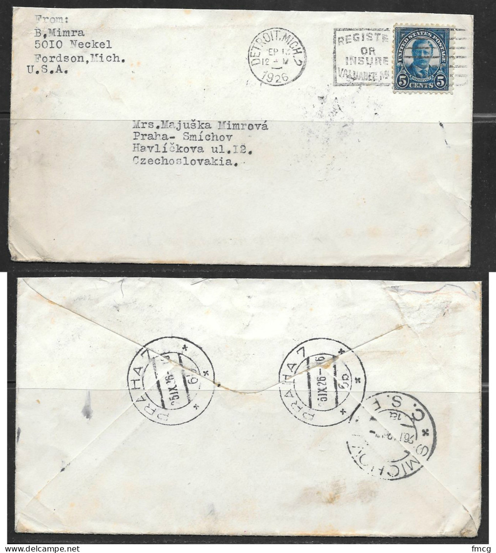 1926 5 Cent Roosevelt Detroit Mich (Sep 13) To Czechoslovakia, Slogan - Lettres & Documents