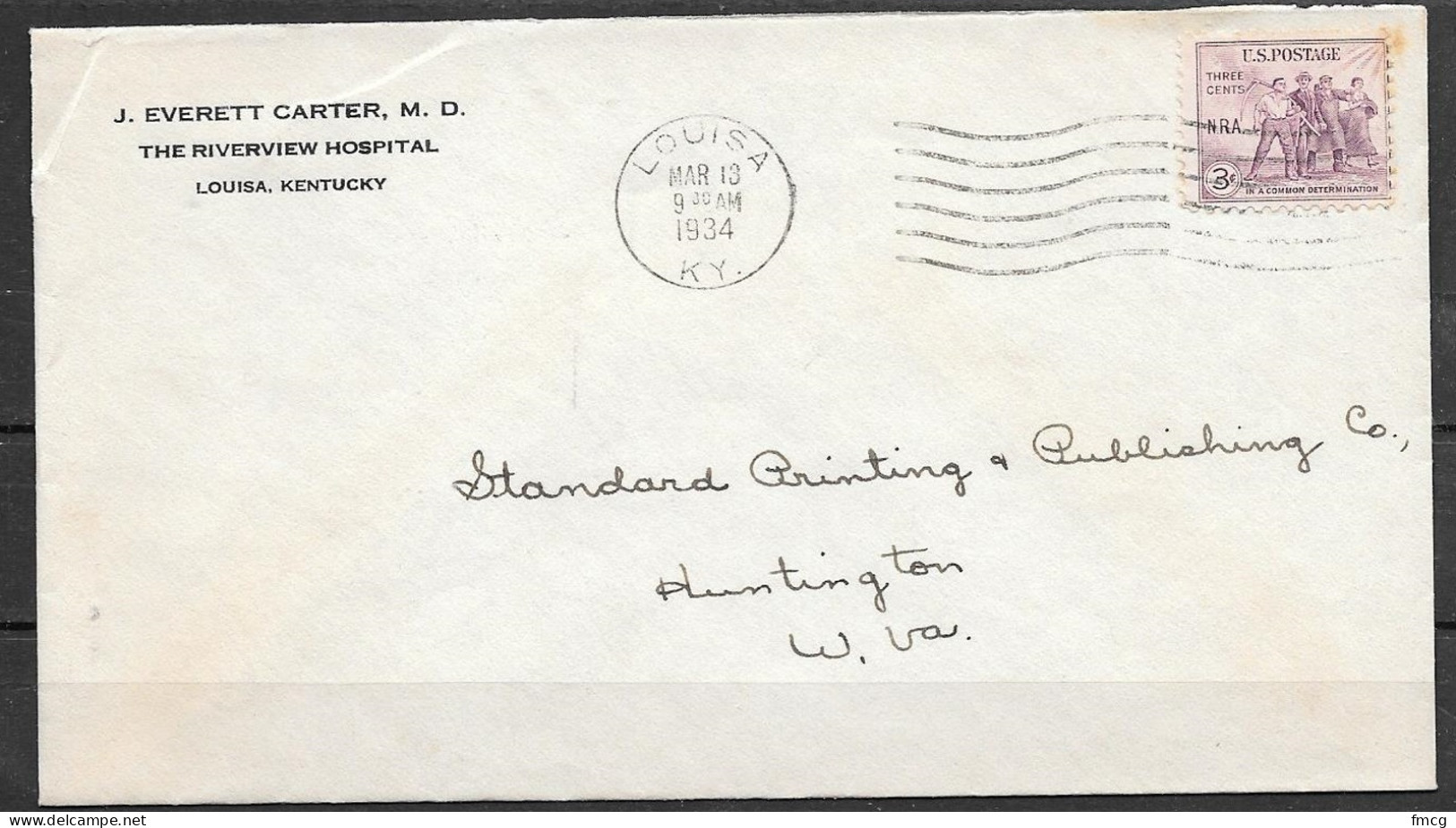 1934 Kentucky - Louisa, Mar 13, Doctor, Hospital Corner Card - Lettres & Documents