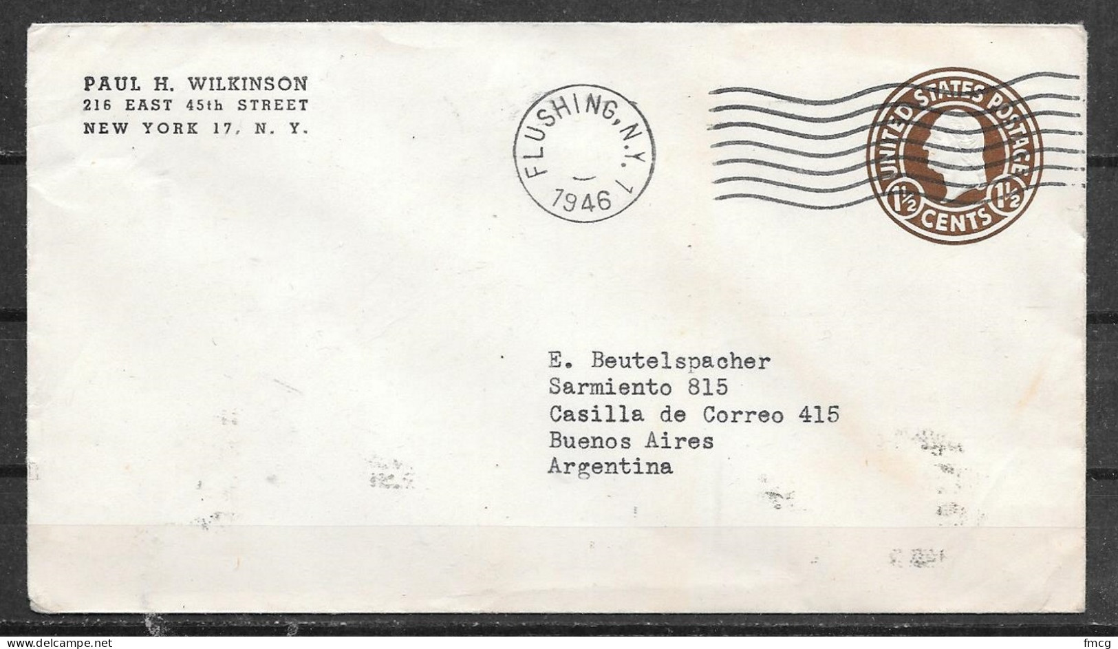 1946 1-1/2 Cents Envelope Flushing N.Y. To Buenos Aires Argentina - Lettres & Documents