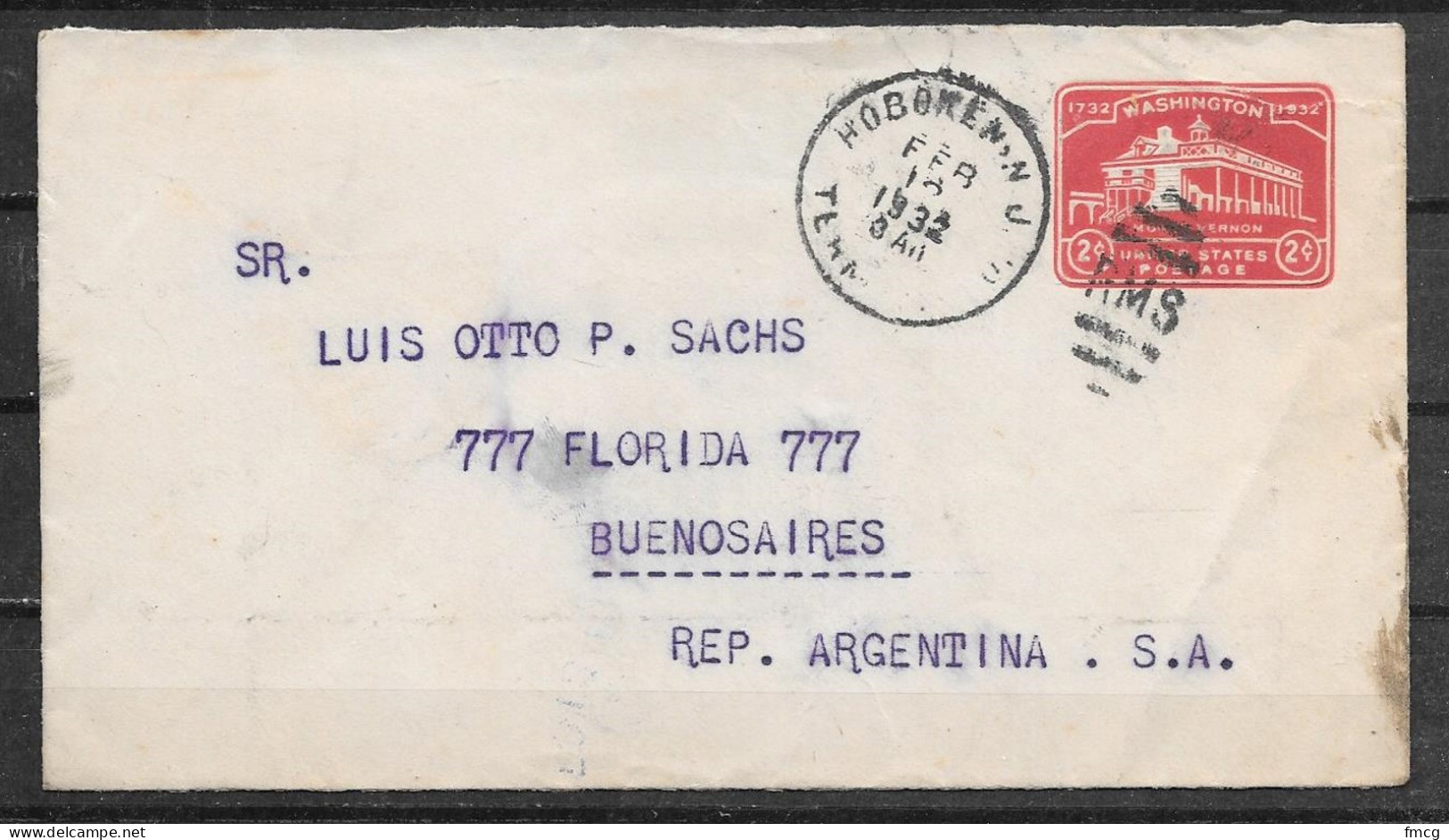 1932 2 Cents Envelope Hoboken NJ Terminal (Feb 18) To Buenos Aires Argentina - Lettres & Documents
