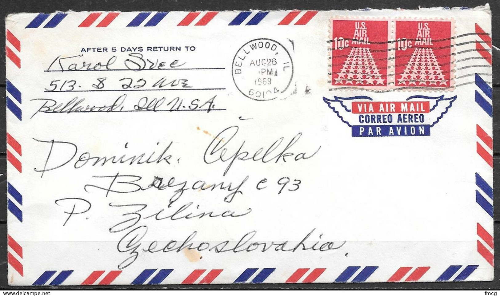1969 Bellwood IL (Aug 26) Two 10 Cents Runway Airmails To Czechoslovakia - Covers & Documents
