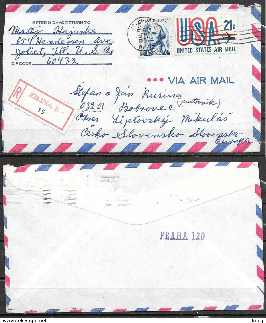 1974 Joliet IL (Mar 9) USA 21 Cents Airmail To Czechoslovakia, Zilna Reg. - Storia Postale