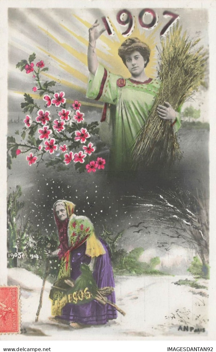 VOEUX NOUVEL AN #27045 1907 ALLEGORIES 4 SAISONS FEMME GERBE DE BLE VIEILLE FEMME PAYSAGE HIVER FLEURS - New Year