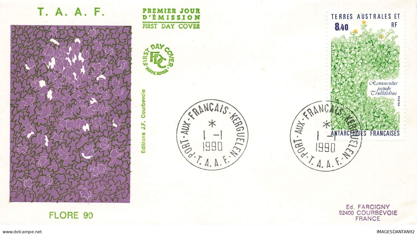 FDC T.A.A.F. #26179 PORT AUX FRANCAIS KERGUELEN 1990 PREMIER JOUR FLORE 90 - FDC