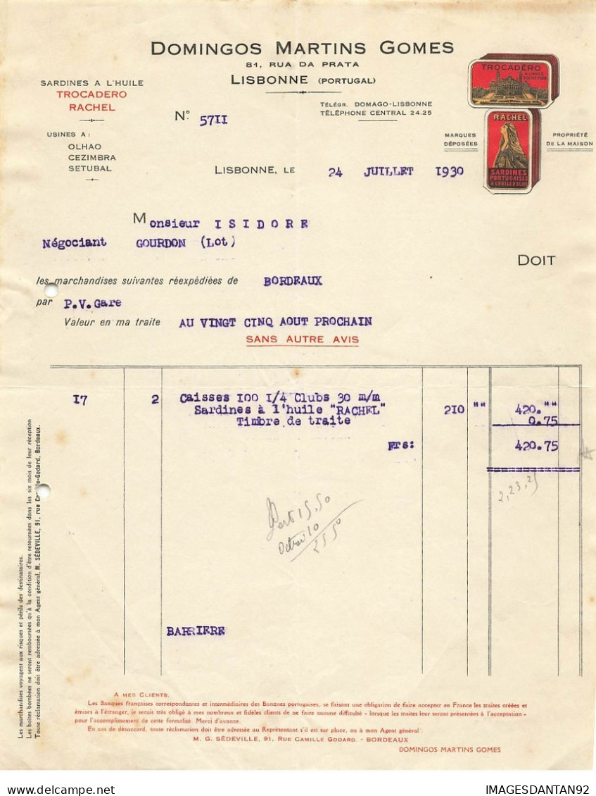 PORTUGAL LISBONNE DOMINGOS MARTINS GOMES SARDINES RACHEL CONSERVES FACTURE 1930 POUR BORDEAUX - Portugal