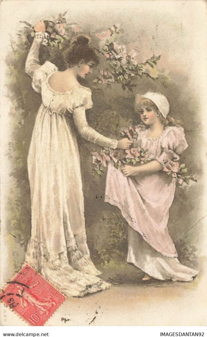 FANTAISIE #27022 JEUNE FEMME ET FILLETTE ROBES BLANCHES CUEILLENT DES FLEURS - Otros & Sin Clasificación