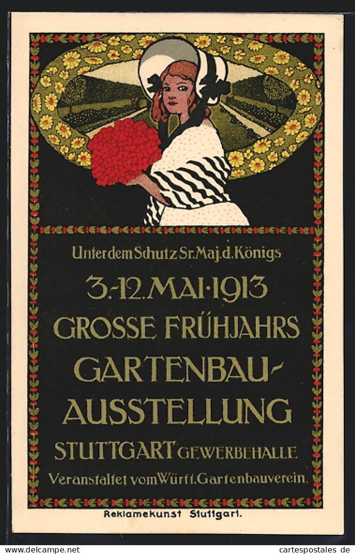 AK Stuttgart, Gartenbau-Ausstellung 1913, Mädchen Mit Blumen Im Blumenkranz  - Exposiciones