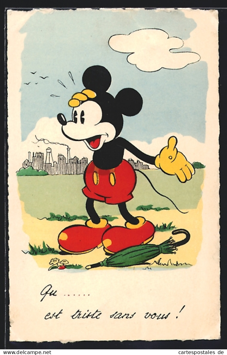 AK Micky Mouse Mit Regenschirm Ist Ganz Verzweifelt, Comic  - Comicfiguren