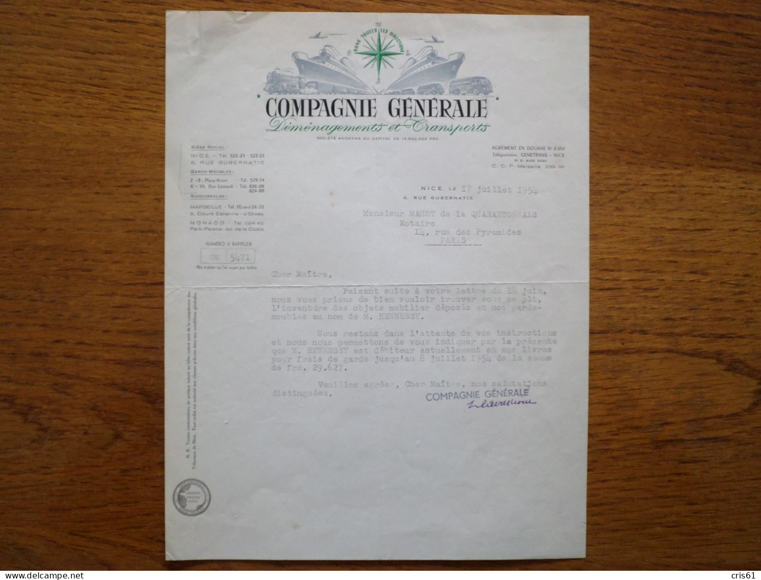 06 NICE - Courrier COMPAGNIE GENERALE, Déménagements Et Transports, Juillet 1954 - 1950 - ...