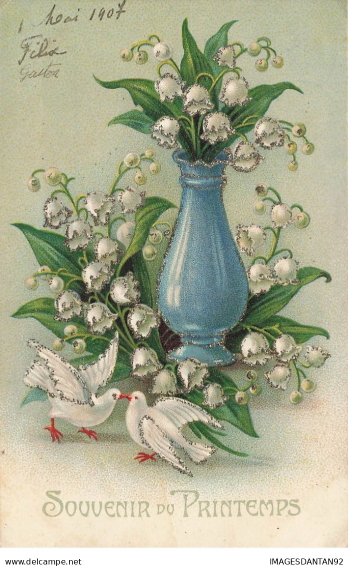 SOUVENIR DU PRINTEMPS #27020 VASE BLEU BOUQUET FLEURS MUGUET COLOMBES - Souvenir De...