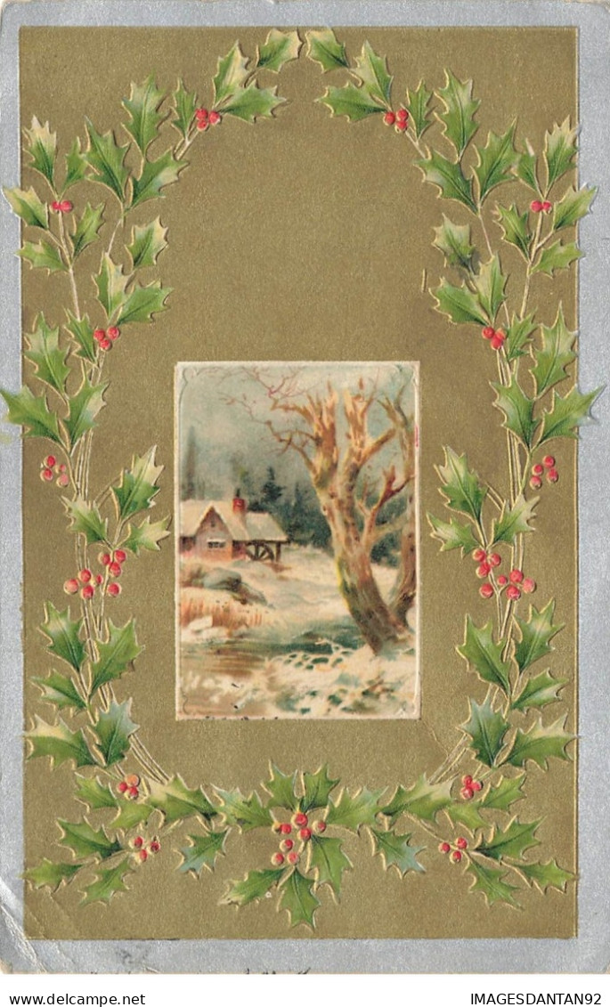 VOEUX NOUVEL AN #26958 PAYSAGE HIVER SOUS LA NEIGE GUIRLANDE HOUX DORE GAUFREE - Anno Nuovo