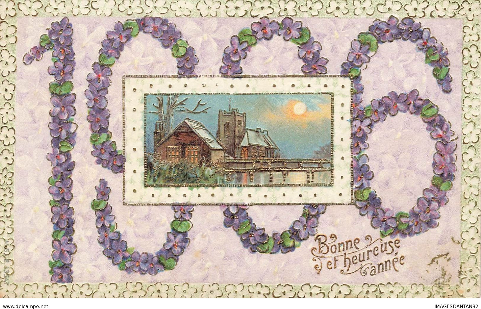 BONNE ET HEUREUSE ANNEE #27017 VOEUX 1906 FLEURS MYOSOTIS PAYSAGE HIVER EGLISE CARTE GAUFREE - Año Nuevo