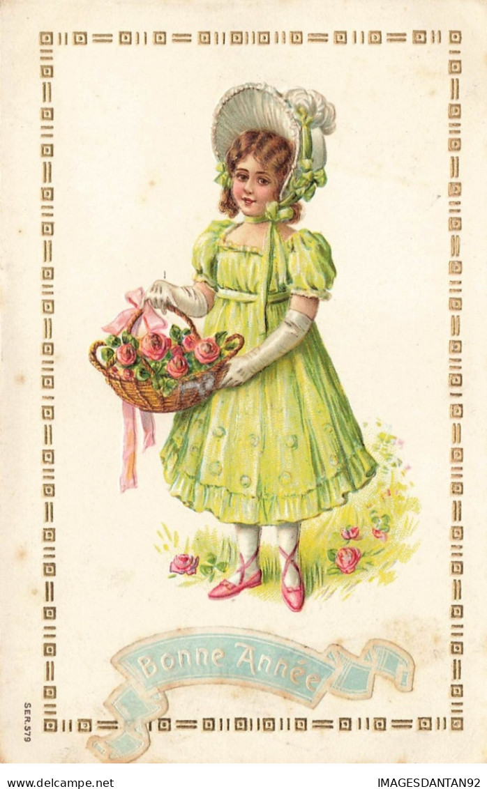 BONNE ANNEE #27009 FILLETTE ROBE VERTE CHAPEAU CORBEILLE DE FLEURS CARTE GAUFREE - Año Nuevo