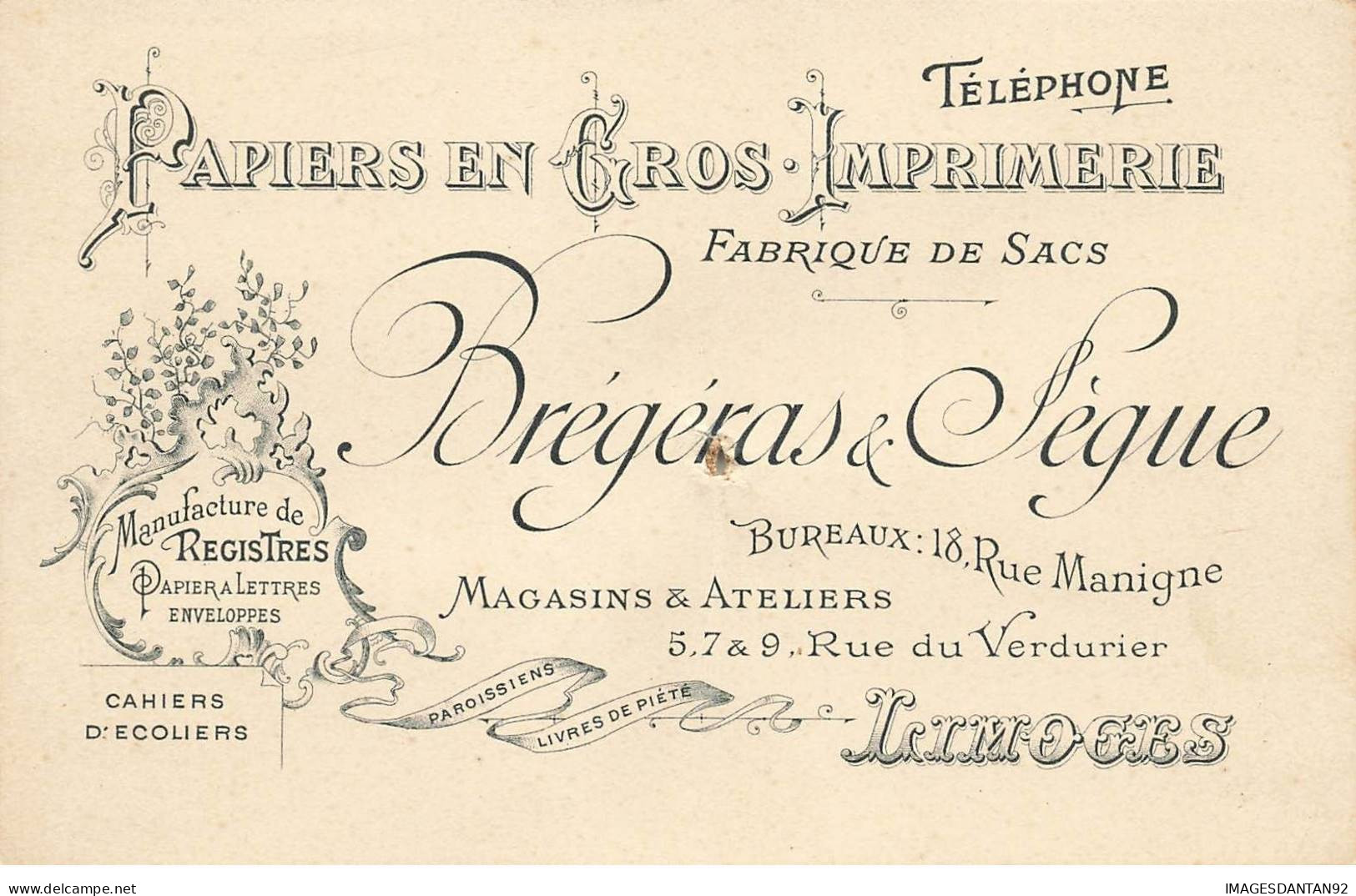 87 LIMOGES #32554 PAPIERS EN GROS IMPRIMERIE BREGERAS ET SEGUE CARTE DE VISITE - Limoges