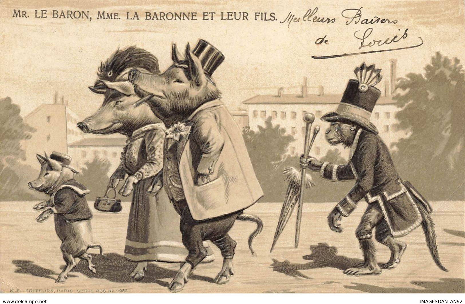 COCHON #31289 COCHONS HUMANISE AVEC SINGE COUPLE ELEGANT BARON ET BARONNE GAUFREE - Cerdos