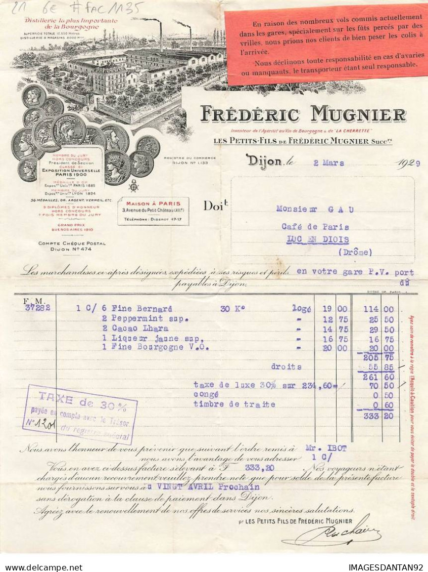 21 DIJON #FAC1135 DISTILLERIE FREDERIC MUGNIER ALCOOL 1929 - 1900 – 1949