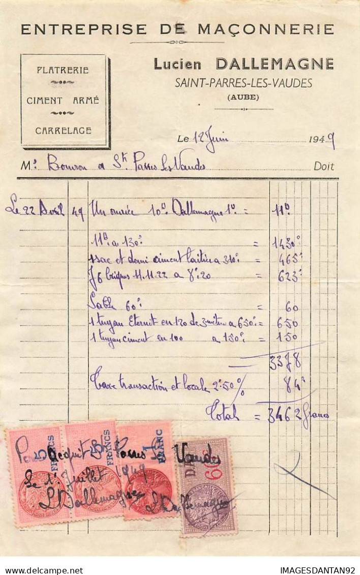 10 SAINT PARRES LES VAUDES #FAC1103 MACONNERIE DALLEMAGNE CIMENT PLATRE CARRELAGE 1949 - 1900 – 1949