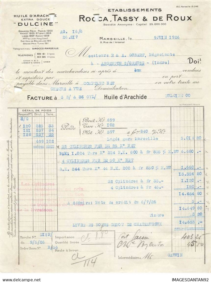 13 MARSEILLE #FAC1093 HUILERIE ROCA TASSY ET ROUX HUILE ARACHIDE DULCINE1926 - 1900 – 1949